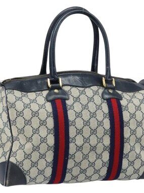 GUCCI GG Supreme Sherry Line Boston Bag PVC Navy Gold Auth LNZ314
